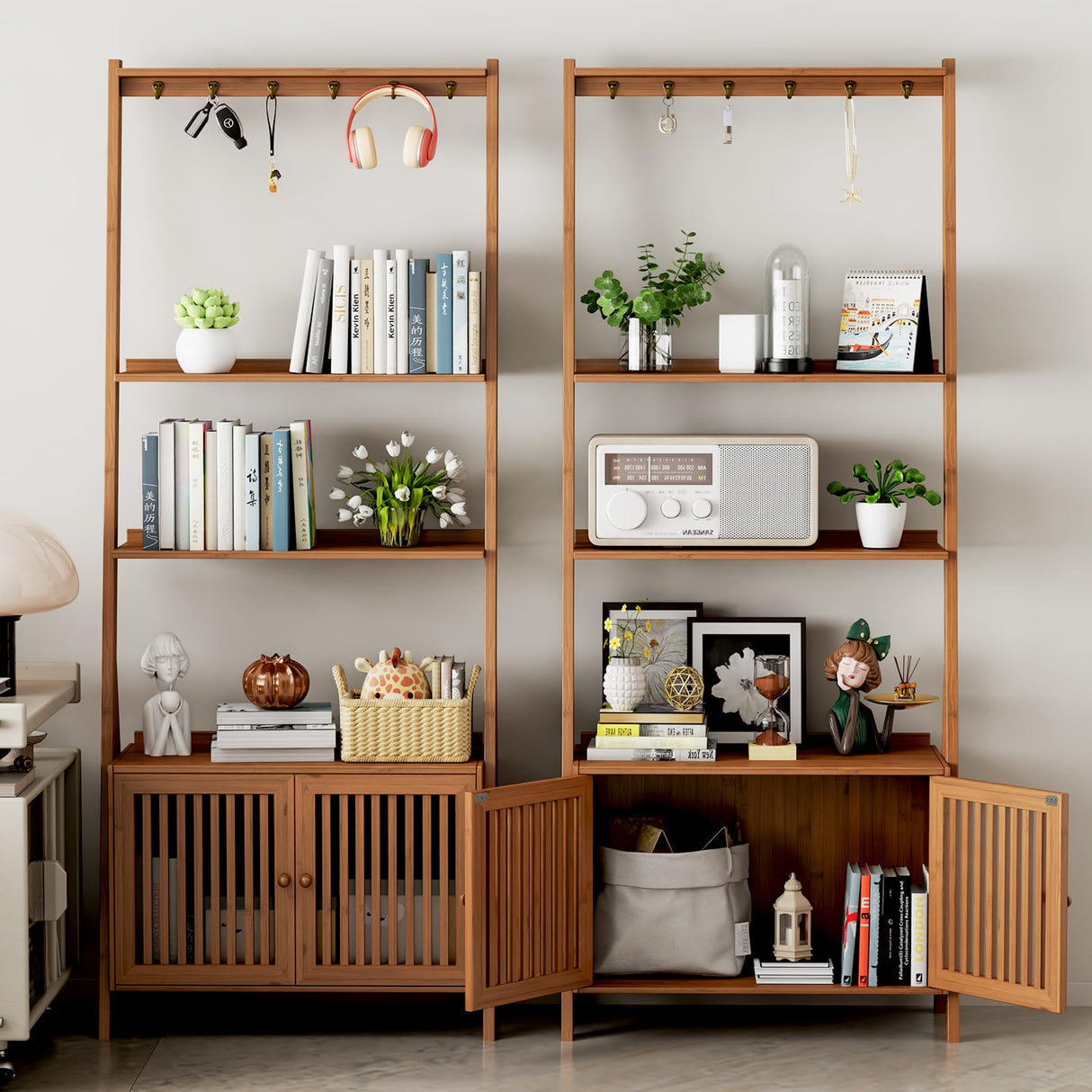 Bookcase with Drawers, 4-Tier Bamboo Bookshelf Ladder Shelf with 6 Hooks, Tall Narrow Retro Book Shelf, 24.8"L x 10.6"W x 59.5"H, Standing Storage Organizer for Living Room, Office, Bedroom, Walnut oakvivo
