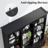 71" Triple Bookshelf with Doors, 5 Tier Tall Bookshelf with Cabinet , Large Book Shelf w/ 12 Adjustable Open Display Shelves & Anti-Tipping, 63" Wide Arched Bookcase for Living Room, Study, Black Loomie