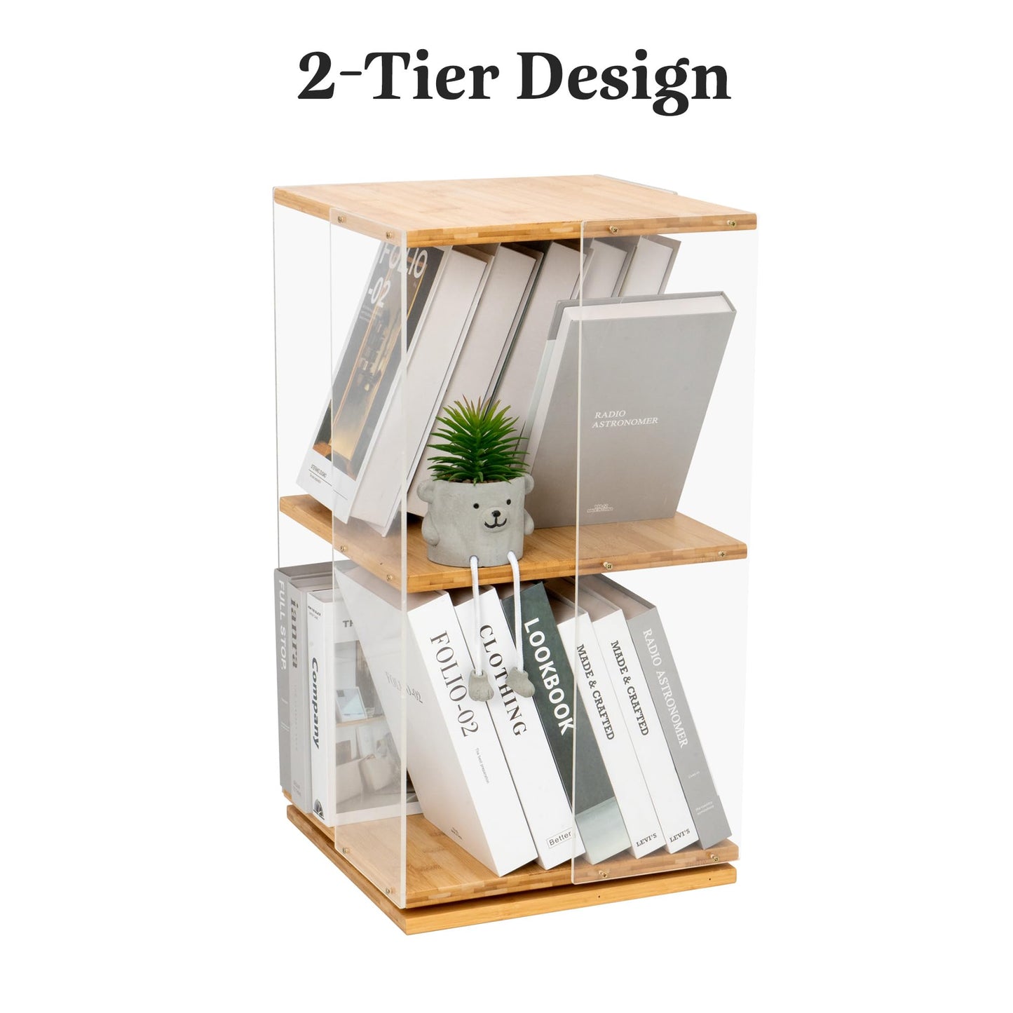 MYOYAY 360° Rotating 2-Tier Acrylic Bookshelf with Doors for Modern Display - WoodArtSupply