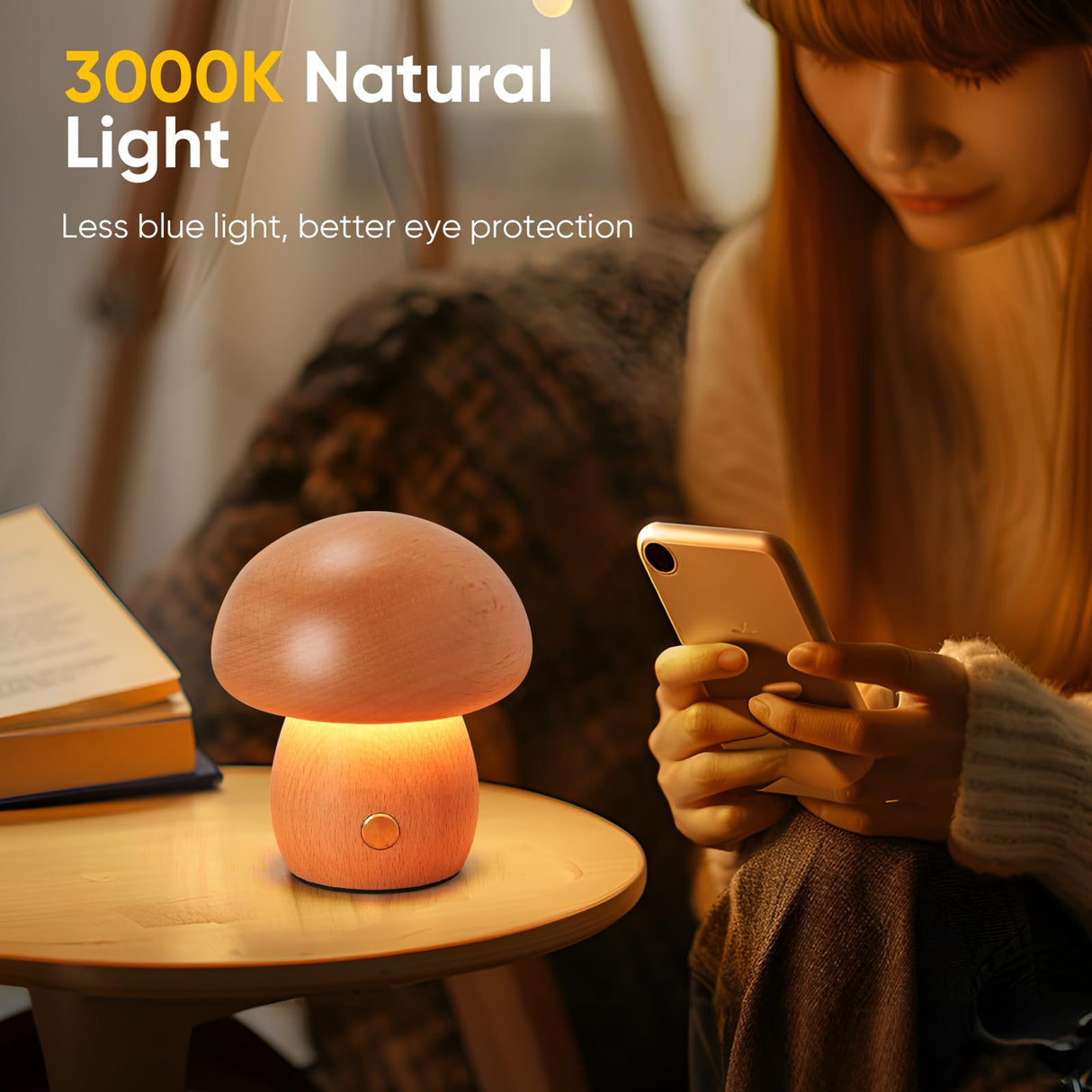 LONRISWAY Wooden Mushroom Lamp, Portable Cordless Rechargeable Battery Operated Lamp,Stepless Dimming, Night Light for Birthday Gifts LONRISWAY
