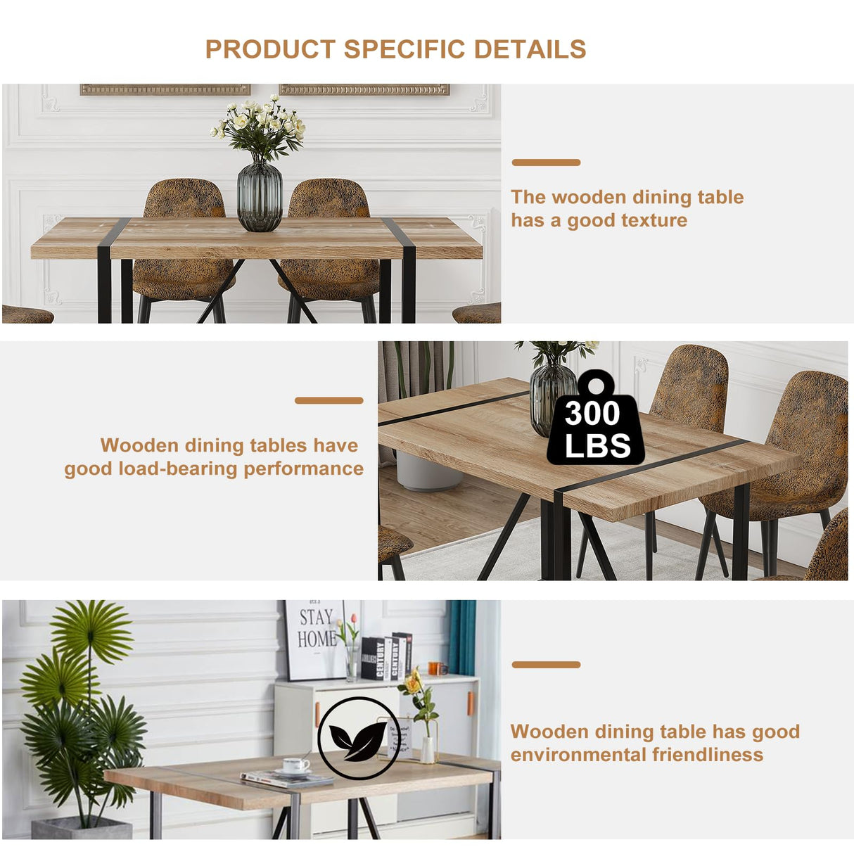 WIIS' IDEA Modern Dining Table Set for 4,Rectangular Solid Wood Dining Table for 4 People,Metal Base and Legs,Suitable for Living Room,Dining Room,Kitchen（55" Dining Table+4 Brown Dining Chairs） WIIS' IDEA