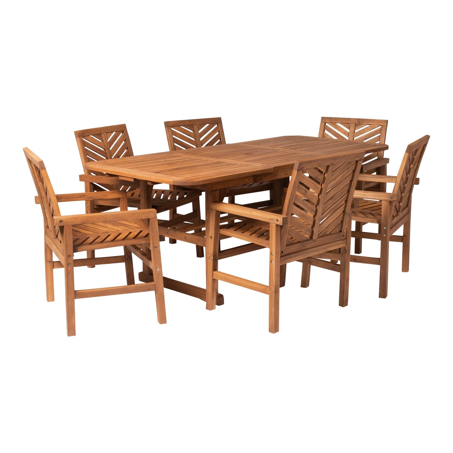 Walker Edison AZW7TXVINBR 6 Person Outdoor Wood Chevron Patio Furniture Dining Set Extendable Table Chairs All Weather Backyard Conversation Garden Poolside Balcony, 7 Piece, Brown - WoodArtSupply