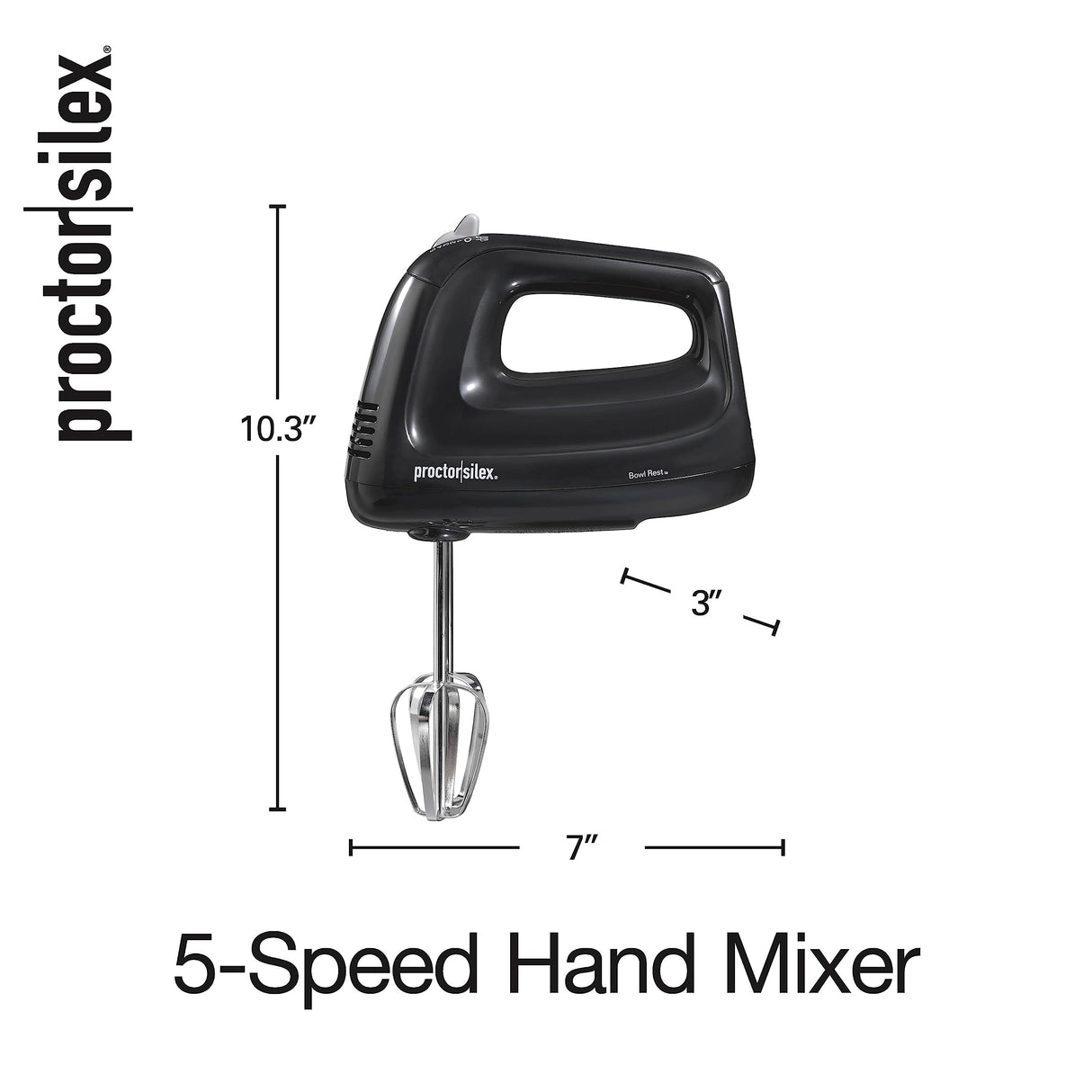 Proctor Silex Easy Mix 5-Speed Electric Hand Mixer with Bowl Rest, Compact and Lightweight, 100 Watts of Peak Power, Black (62511) Proctor Silex