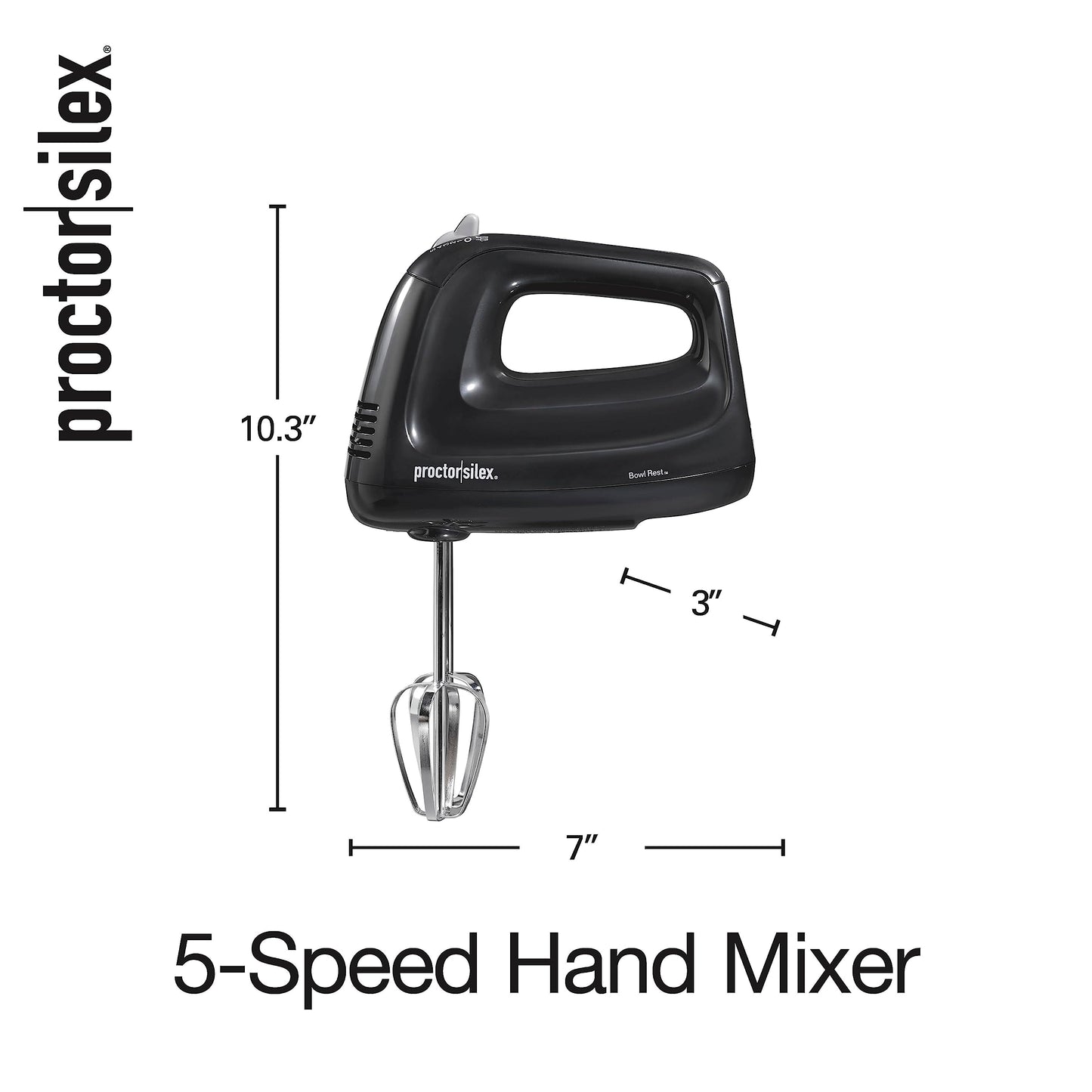 Proctor Silex Easy Mix 5-Speed Electric Hand Mixer with Bowl Rest, Compact and Lightweight, 100 Watts of Peak Power, Black (62511)