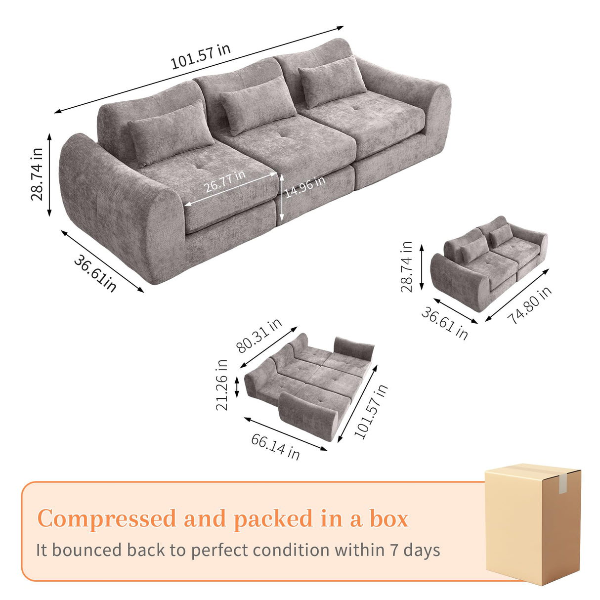 MAXMAXX 102" Cloud Sofa, 4-in-1 Folding Sofa Bed, Floor-Standing Boneless Couch, Futon Sofa Bed for Living Room, Bedroom and Entertainment Room(Gray) MAXMXX