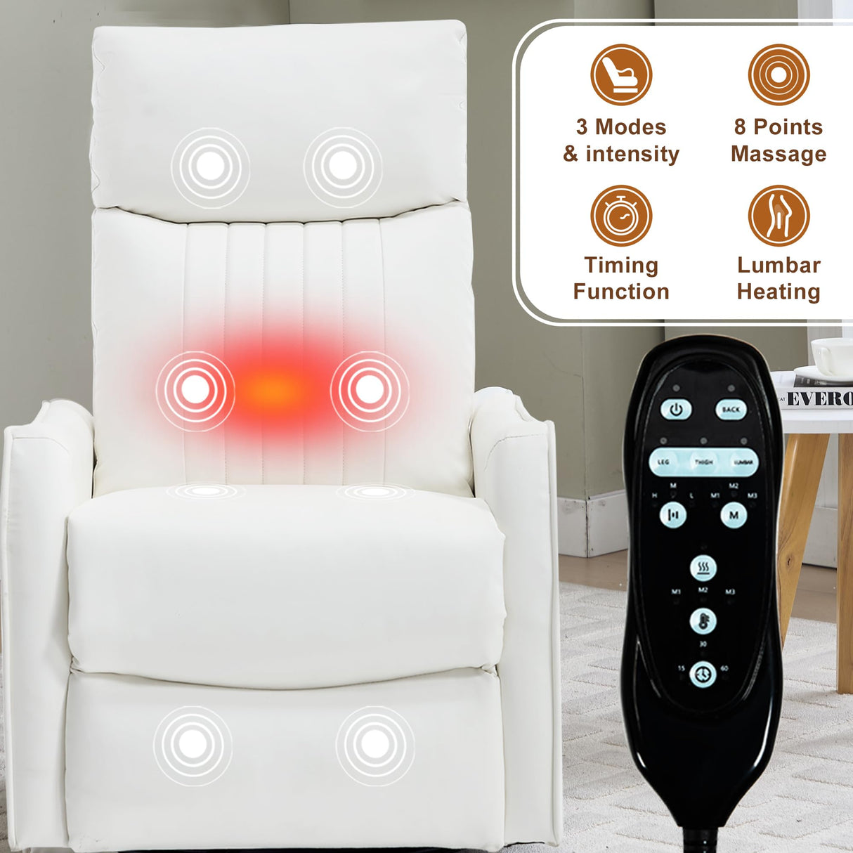 PELUMY Recliner Chair Swivel Rocking with Heat Massage - 360° Manual Recliner, 8-Point Vibrating & Lumbar Heat, Easy Assembly Chair for Living Room (Breathable Leather, White) PELUMY