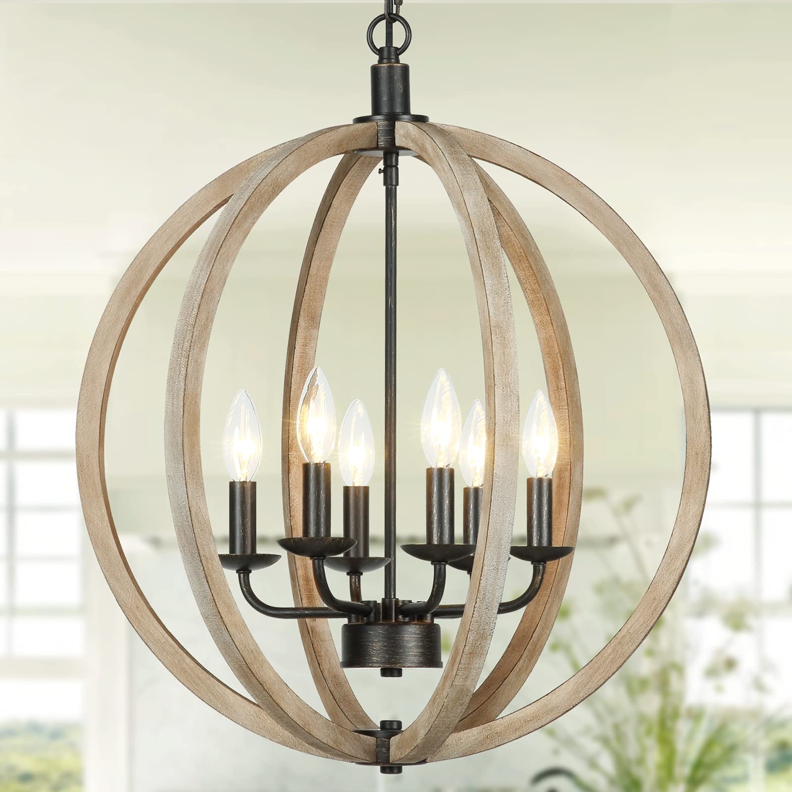 Congratsu Orb 6-Light Farmhouse Chandelier Brown Globe Handmade Wood Light Fixture for Dining Room, Living Room, Bedroom, Kitchen Island, Foyer, 20” Dia - WoodArtSupply