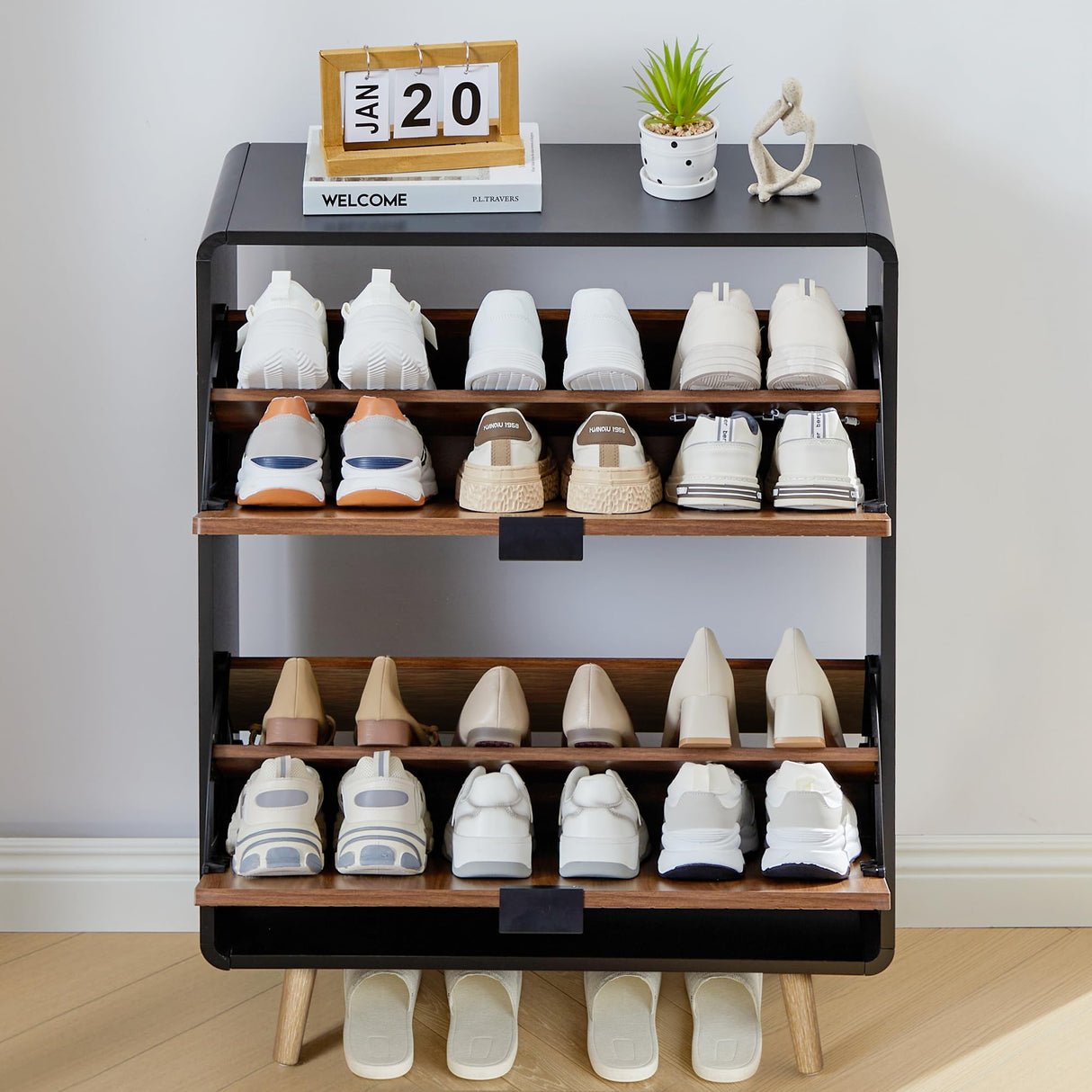 Fluted Shoe Cabinet Storage for Entryway,Slim Shoe Cabinet with 2 Flip Drawers, Narrow Shoes Rack Organizer (Walnut with Black, 2 Drawers) FurSch