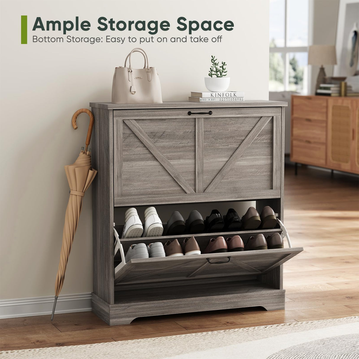 Smart Fendee Shoe Storage with 2 Flip Drawers, Farmhouse Organizer umooper with Wooden Feet, Slim Shoe Rack, Narrow Entryway Storage, Gray Smart FENDEE