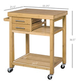 HOMCOM Bamboo Kitchen Island Cart on Wheels, Utility Trolley Cart with 2 Storage Drawers and Open Shelves, Natural HOMCOM
