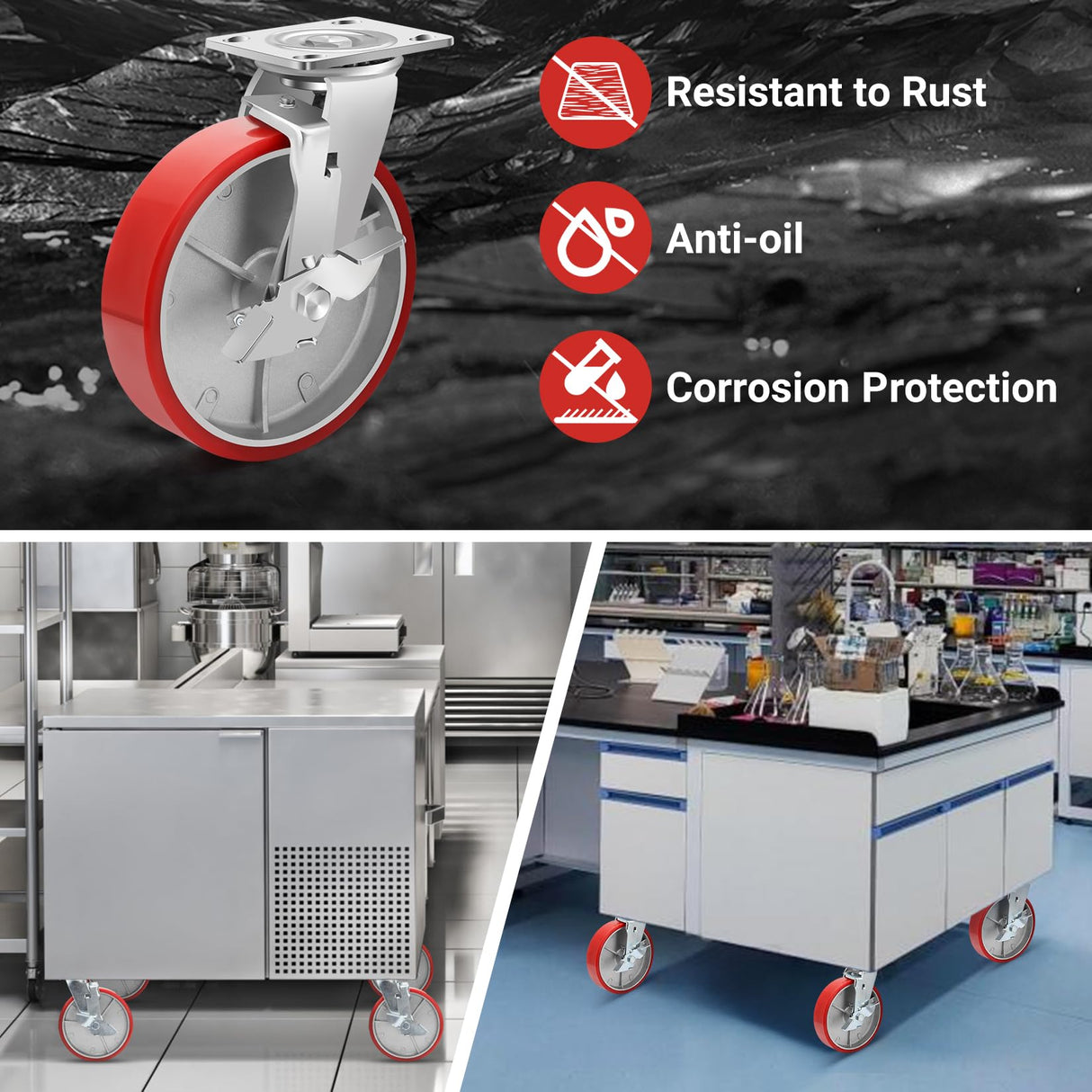 Nefish 8 Inch Heavy Duty Industrial Grade Casters Wheels, Aluminum Core PU Castor Set of 4, Durable Plate Swivel Casters with Brake 6000 LBS, Anti-Corrosion Wheels for Industrial, Equipment Nefish