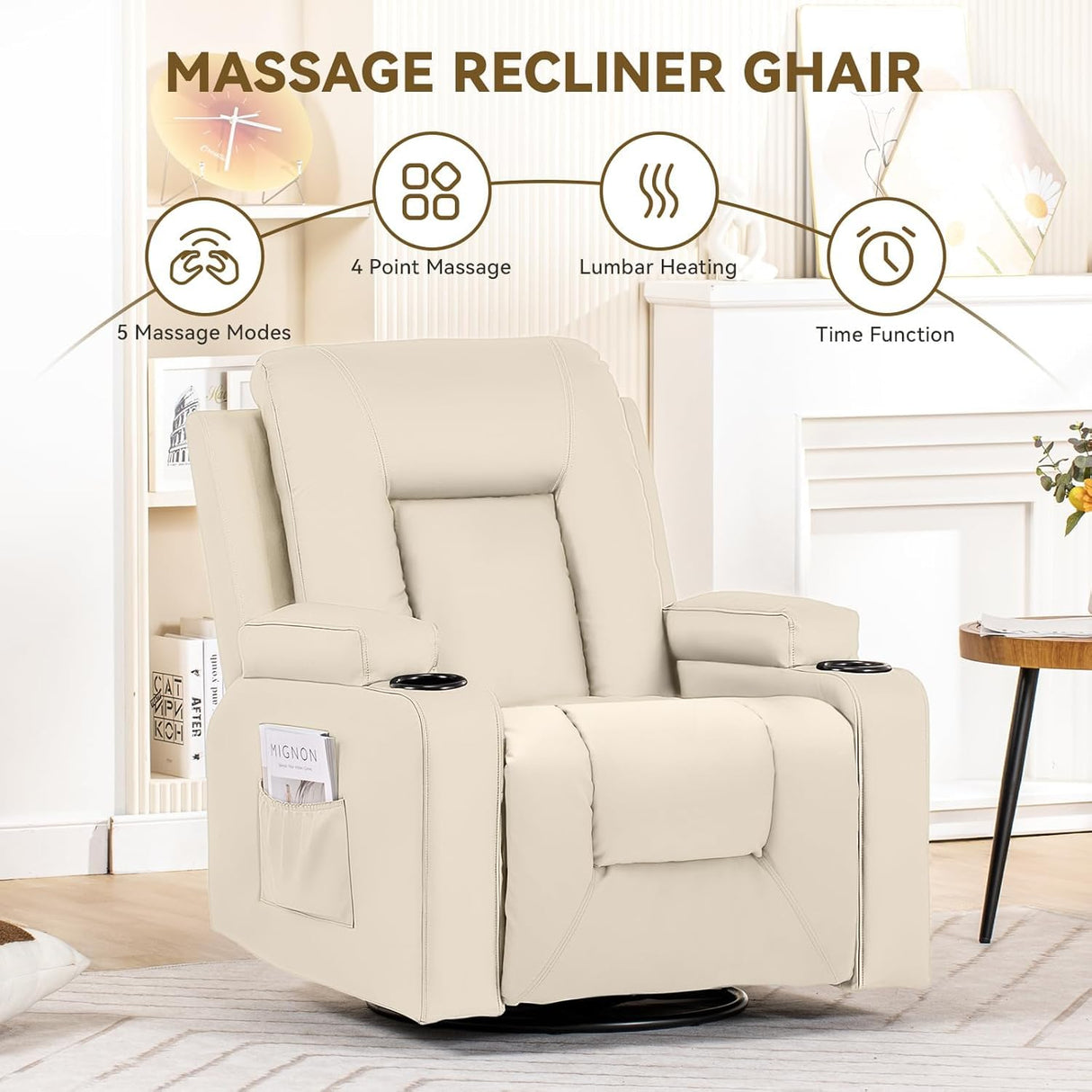 COMHOMA OMHOMA Recliner Chair, Swivel Rocker Recliners, Massage and Heat Reclining Chair, Reclining Sofa with Side Pockets, Cup Holders for Living Room, Bedroom (White) COMHOMA
