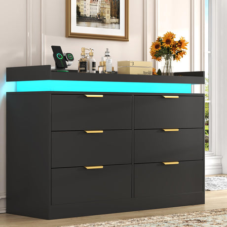 UNIQUITE 6 Drawer Dresser for Bedroom, Black Dresser with LED Lights and Power Outlet, Wooden Dressers Chests of Drawers, Double Wide Dressers for Bedroom, Living Room, Hallway UNIQUITE