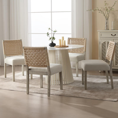 LZAREAL Farmhouse Dining Chairs Set of 4 Linen Fabric Upholstered Accent Side Chair, Mid Century Modern Kitchen & Dining Room Chairs with Woven Rope Back for Home, Living Room, Bedroom - White