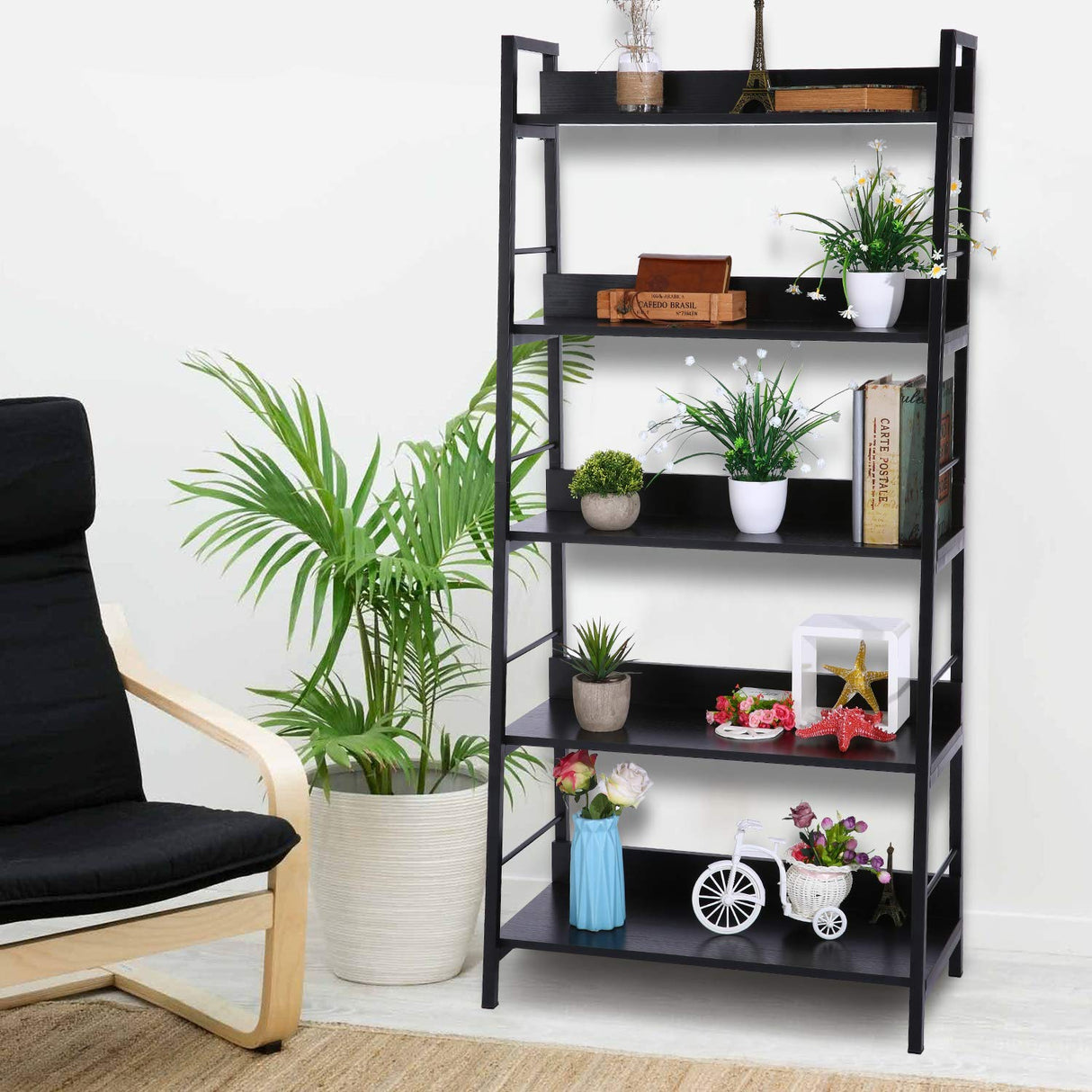 Homdox 5 Tier Ladder Shelf, Industrial Bookshelf Wood and Metal Bookcase, Plant Flower Stand Rack Book Rack Storage Shelves for Home Decor Homdox