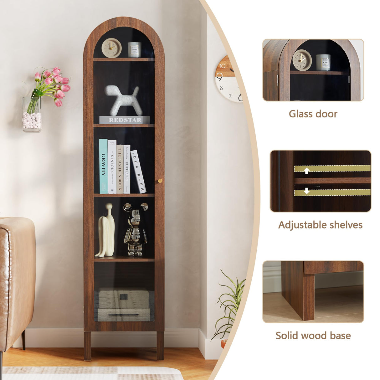 YUCHIATH 66.93" H Arched Bookcase, 5-Tier Arched Cabinet Bookcase with Adjustable Shelves, Accent Display Cabinet with Glass Door for Living Room, Reading Room and Bedroom (Walnut) YUCHIATH