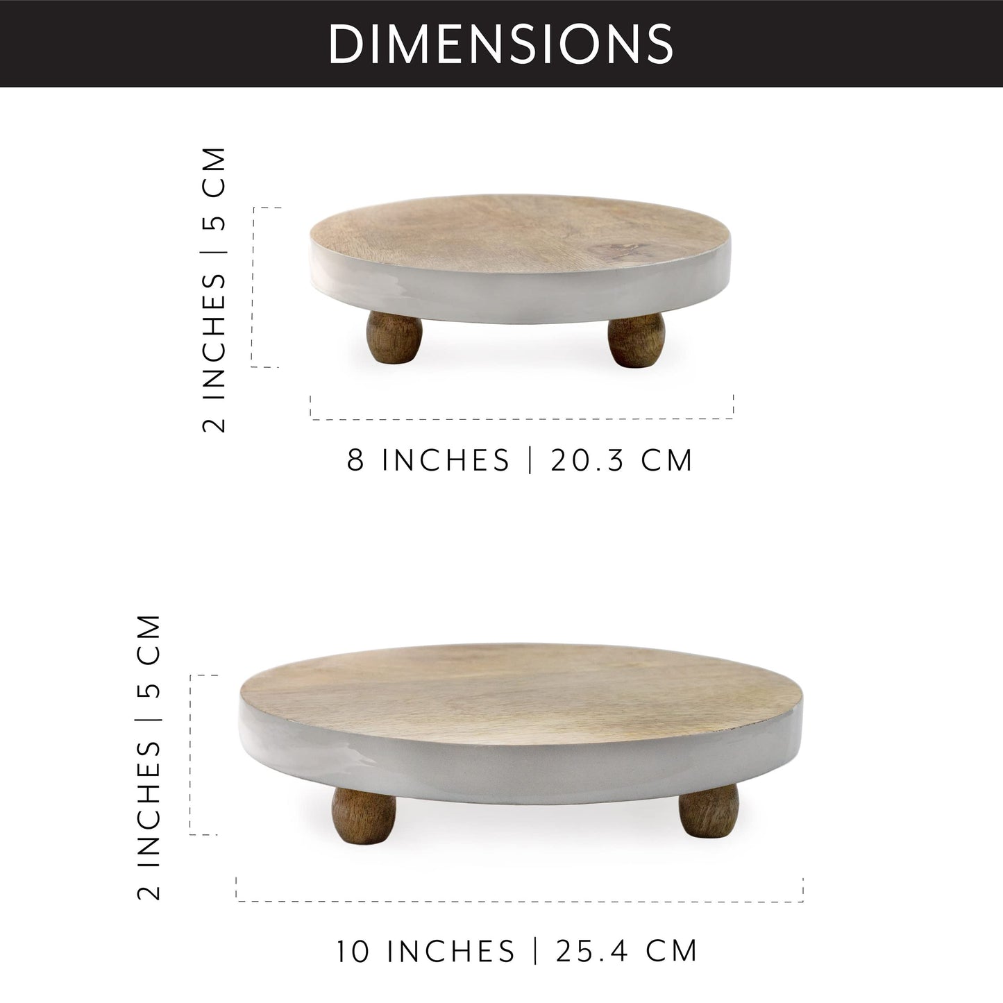 AuldHome Farmhouse Round Wooden Risers (Set of 2, White Trim), Rustic Decorative Risers for Display with Natural Mango Wood and Enamel Trim