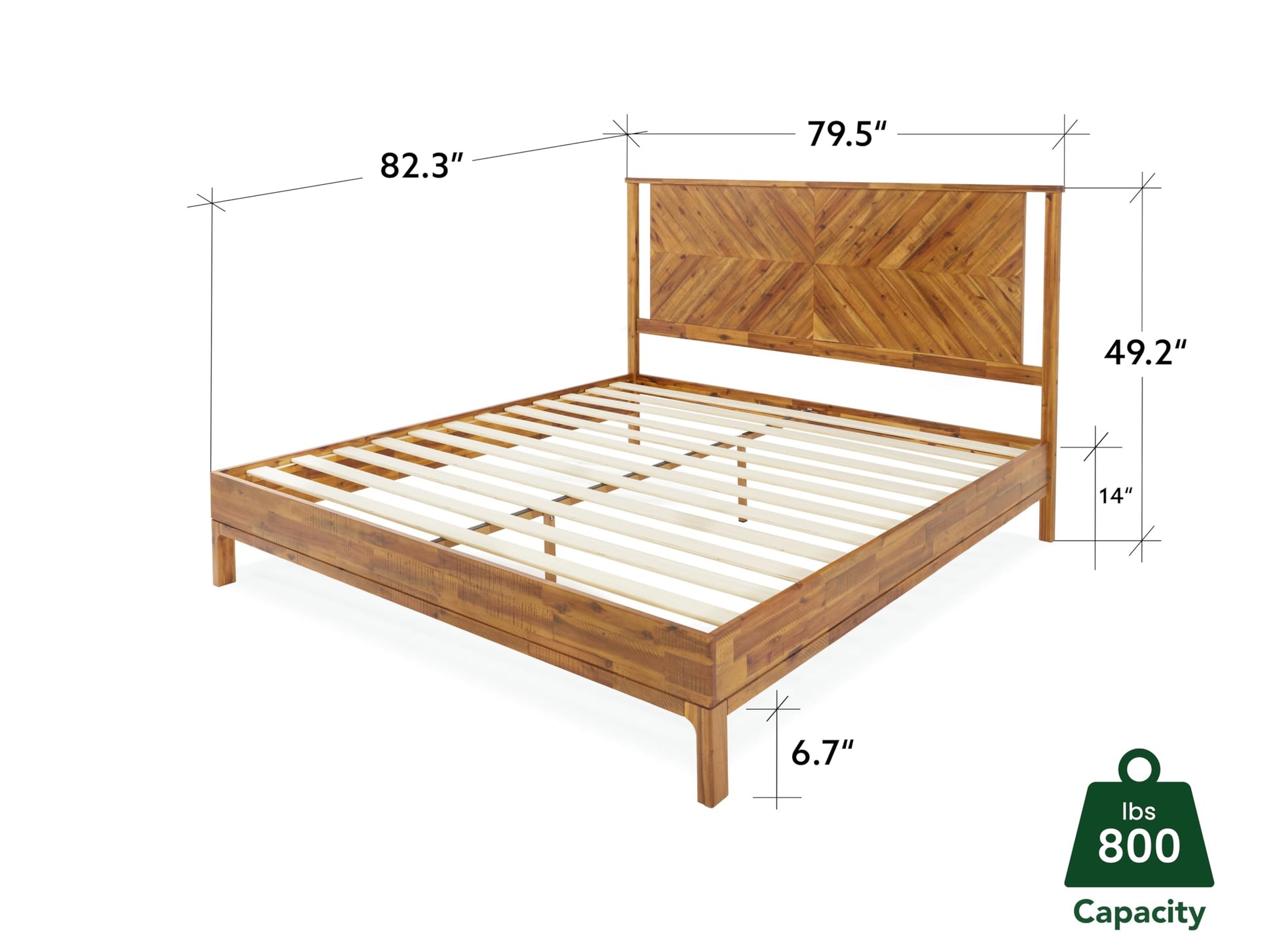 Bme Vivian 14 Inch Rustic Golden Brown Deluxe King Bed Frame with Herringbone Headboard - WoodArtSupply