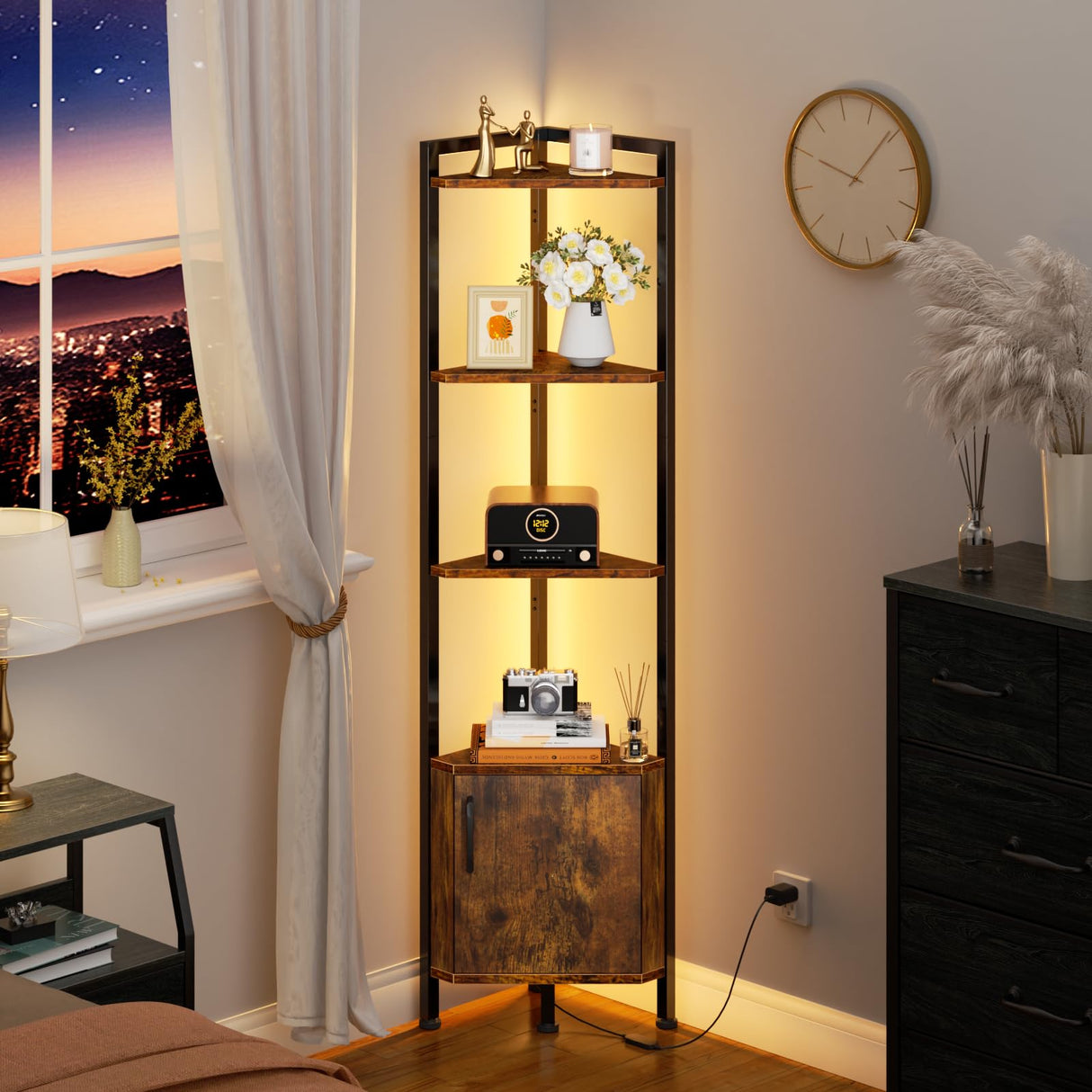 Furnulem Corner Shelf, Narrow Corner Bookshelf LED,5-Tier Corner Cabinet with Storage, 62.8” Standing Display Shelf for Bedroom, Living Room, Kitchen, Wood Display Shelf (Rustic Brown) Furnulem