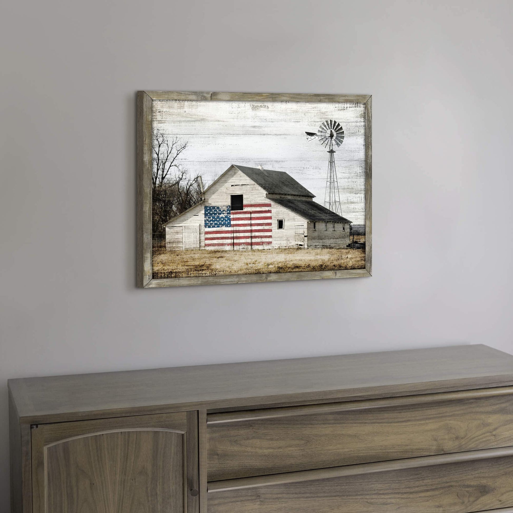 Wooden Picture Art Wall Decor: Rustic Old Barn Artwork American Flag Painting Grey Windmill Prints Landscape for Farmhouse Home Living Room Decoration - WoodArtSupply