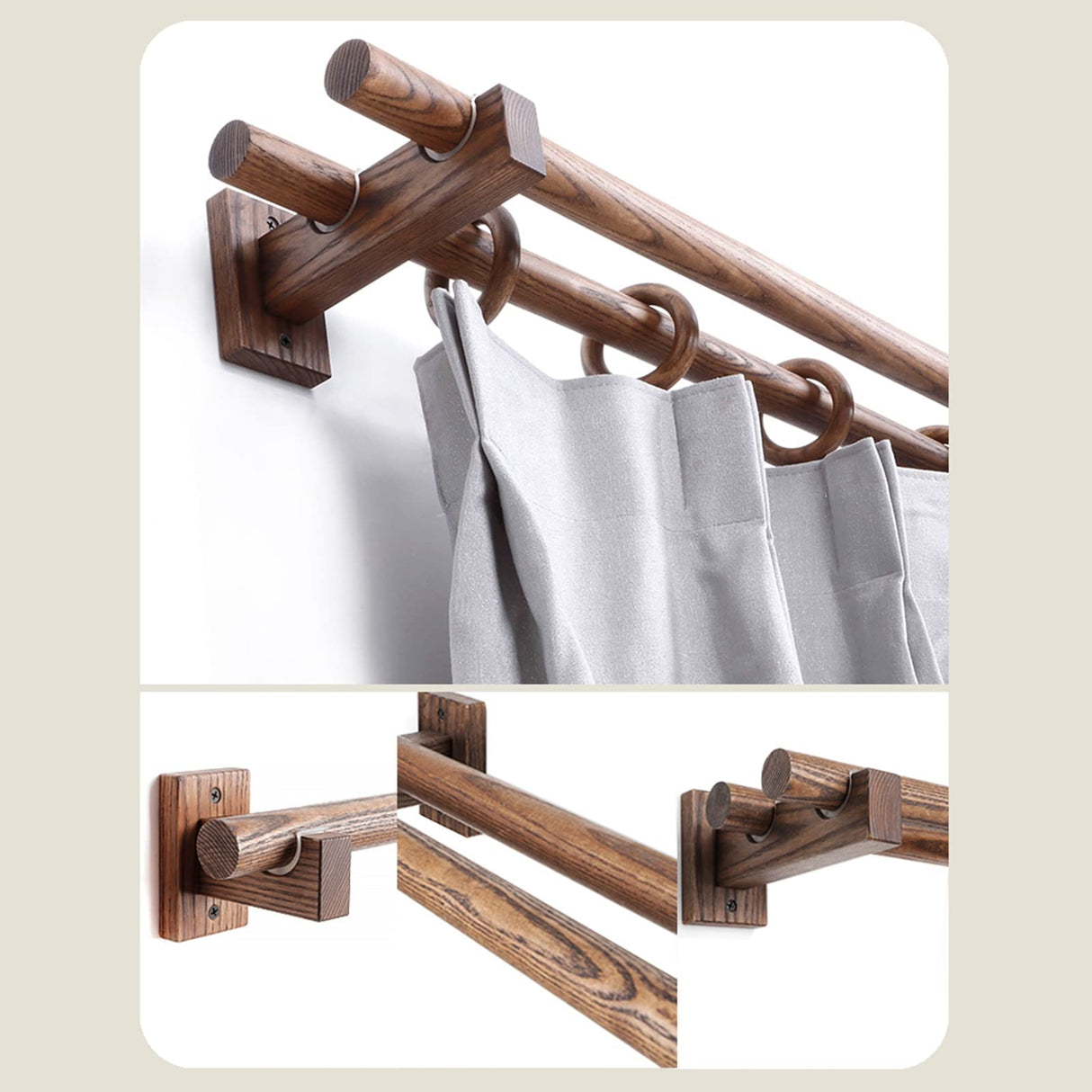 Serchou Wooden Single Rod/Double Rod Curtain Rod Side Mounted Solid Wood Roman Rod Walnut Color Simple Curtain Bracket Load-Bearing, 39.4 inches—55.1 inches (Color : Single Rod, Size : 39.4 inches) Serchou