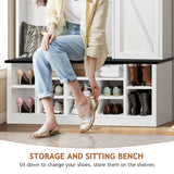 Farmhouse Mudroom Hall Tree with Shoe Storage, 79 Inch Hall Tree with Bench for Entryway, White Entryway Bench with Coat Rack and Barn Door, Adjustable Shoe Cubbies and 3-Tier Cabinet, white 4ever2buy