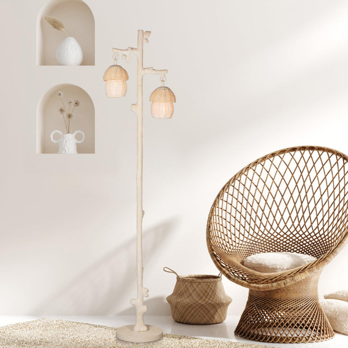 Rattan Floor Lamp with Faux Wood Finish, Boho Floor Lamps with Faux Pinecone and Leaves Decor, Beige WOXXX