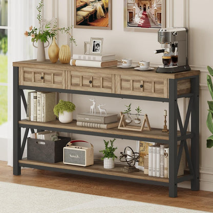 FATORRI Rustic Oak Industrial Console Table with 3 Drawers and Ample Storage - WoodArtSupply