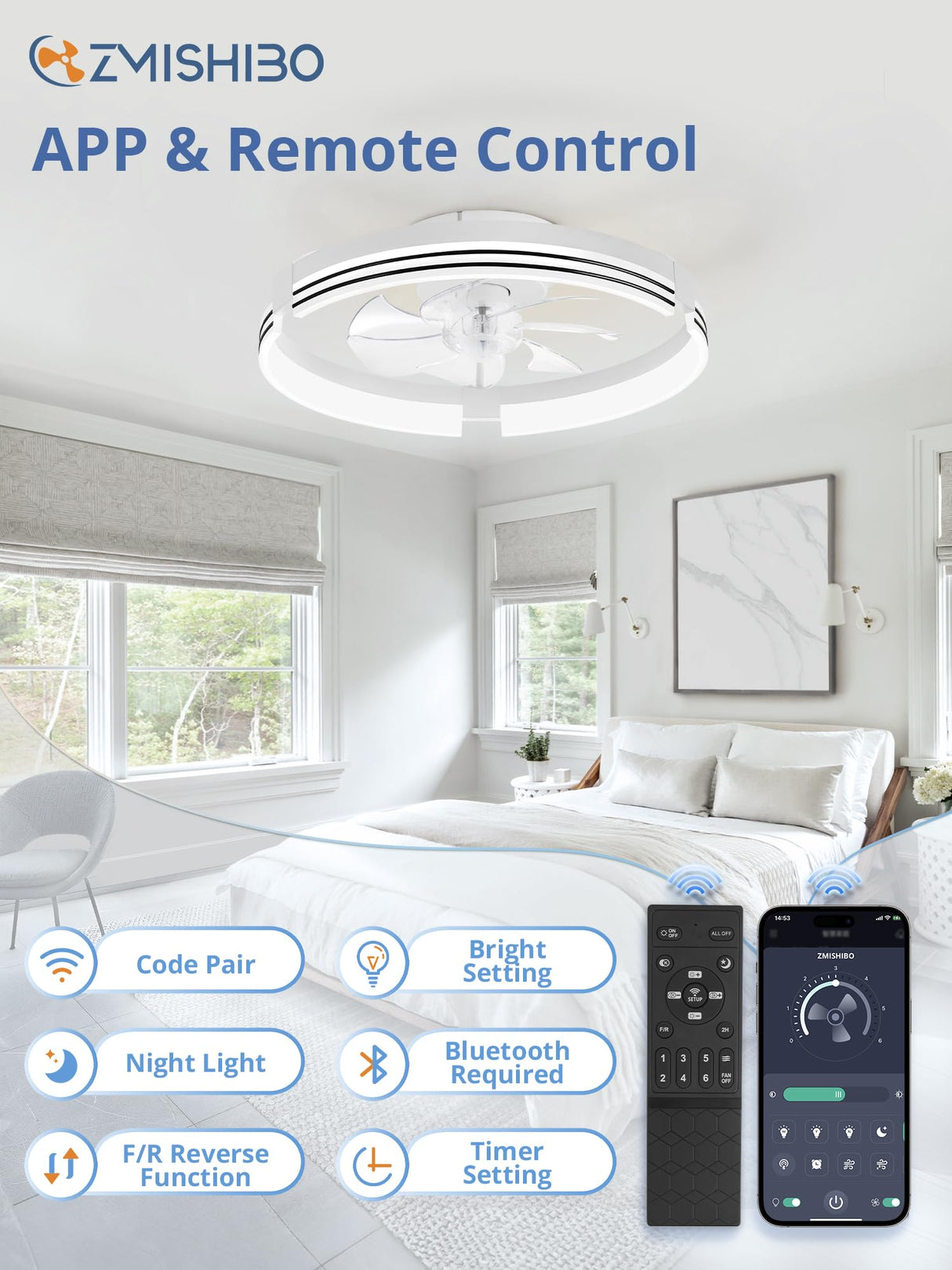 ZMISHIBO Low Profile Ceiling Fans with Lights and Remote, 20 Inch Flush Mount Ceiling Fan with Light, 3000K-6000K Dimmable Fandelier LED Fan Light, 6 Wind Speeds White Ceiling Fans for Bedroom ZMISHIBO
