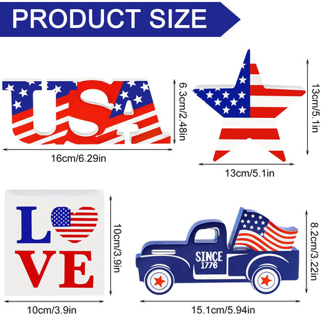 4th of July Decor Patriotic Decorations 4Pcs Wooden Star USA LOVE Car Sign Fourth of July Table Decorations Memorial Day Red White and Blue Decor JENFALL
