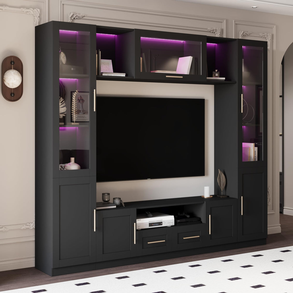 Mekminop 4-Piece Wall Unit TV Stand with LED Lights for TVs up to 70", Large Entertainment Center with Bookshelves & Bridge, Modern TV Console for Living Room, Black Mekminop