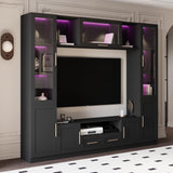 Mekminop 4-Piece Wall Unit TV Stand with LED Lights for TVs up to 70", Large Entertainment Center with Bookshelves & Bridge, Modern TV Console for Living Room, Black Mekminop