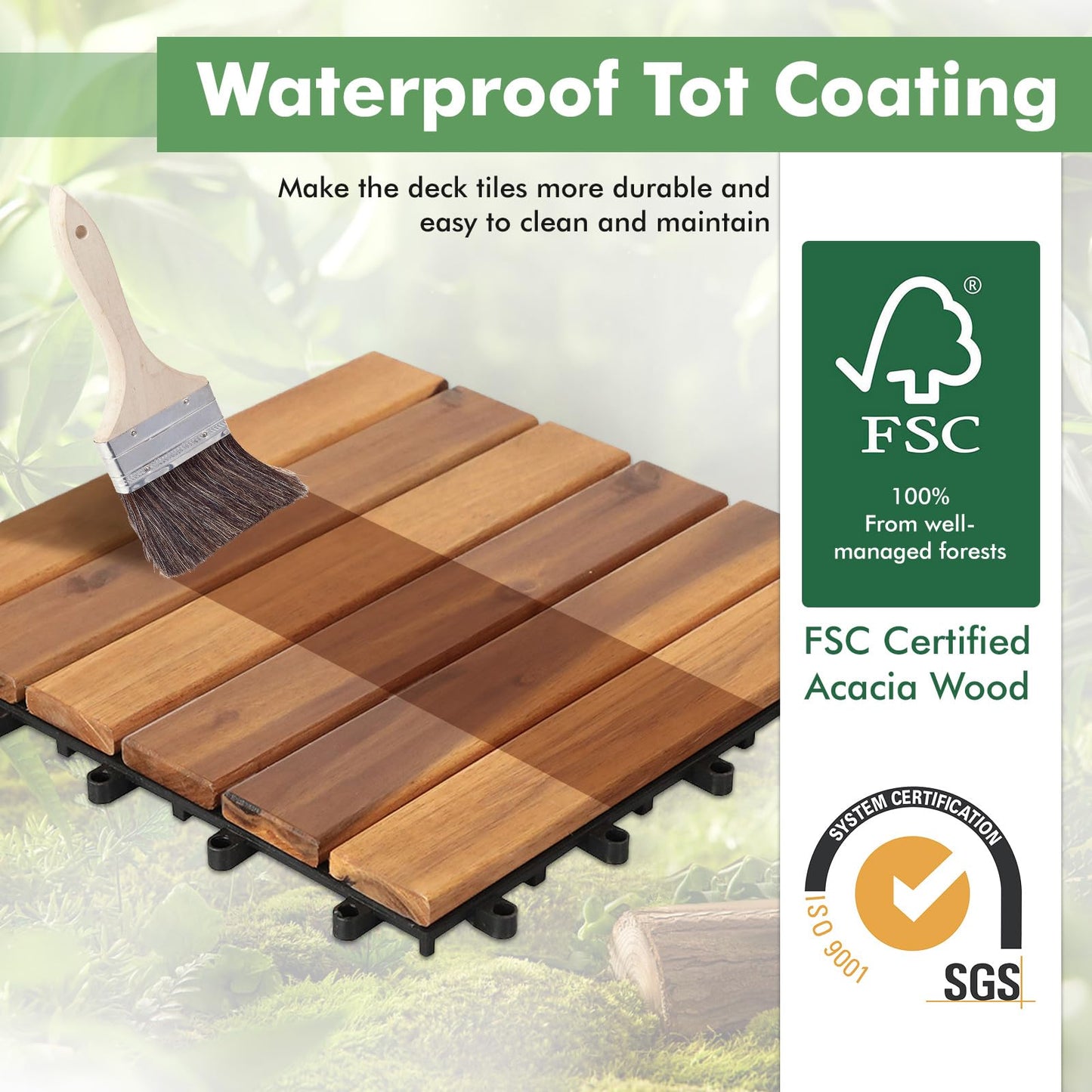 Interlocking Deck Tiles 10PCS Waterproof Soild Wood Patio Tiles Flooring Tiles for Indoor and Outdoor Balcony Porch Backyard Garden Poolside All Weather Use 12 x 12 Inches (Soild Wood 6 Slats - WoodArtSupply