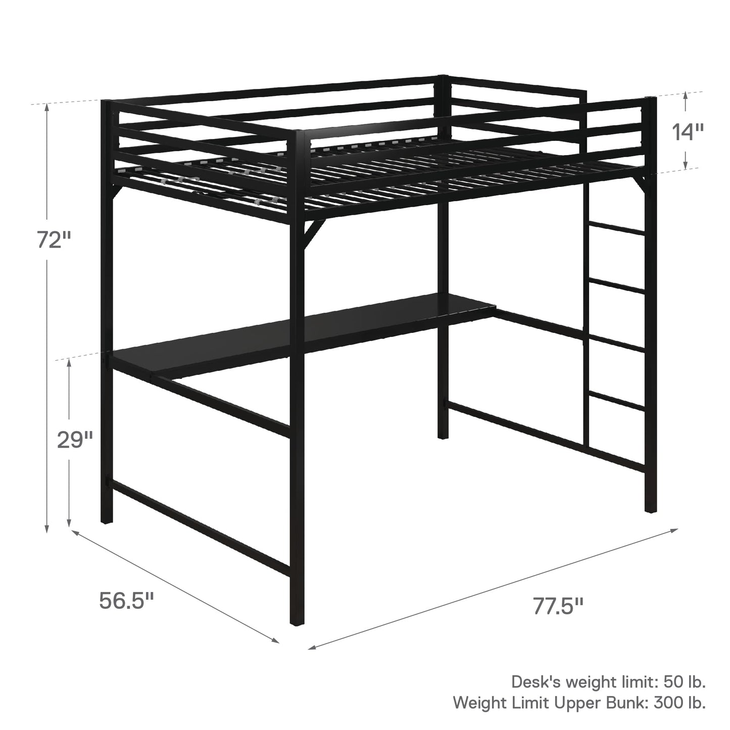 DHP Miles Black Metal Loft Bed with Integrated Desk - WoodArtSupply