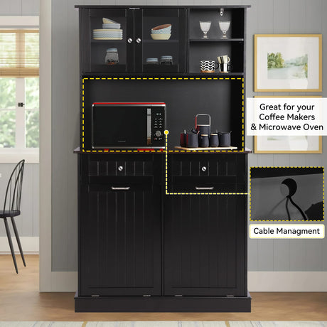 LOUVIXA Kitchen Pantry Storage Cabinet, Microwave Cabinet with Tilt Out Trash Cabinet,Tall Pantry Cabinet Cupboard, Freestanding Kitchen Hutch (Classic Black) LOUVIXA