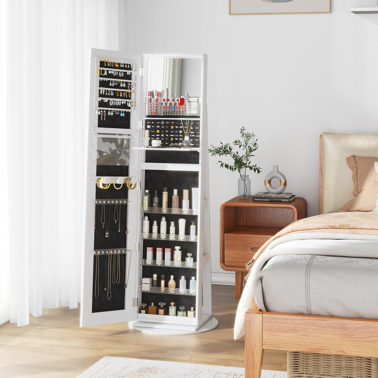 TJYGO LED Mirror Jewelry Cabinet Standing, with Full-Length Mirror and Adjustable LED Lights, Lockable Jewelry Armoire, 360° Swivel Jewelry Storage TJYGO