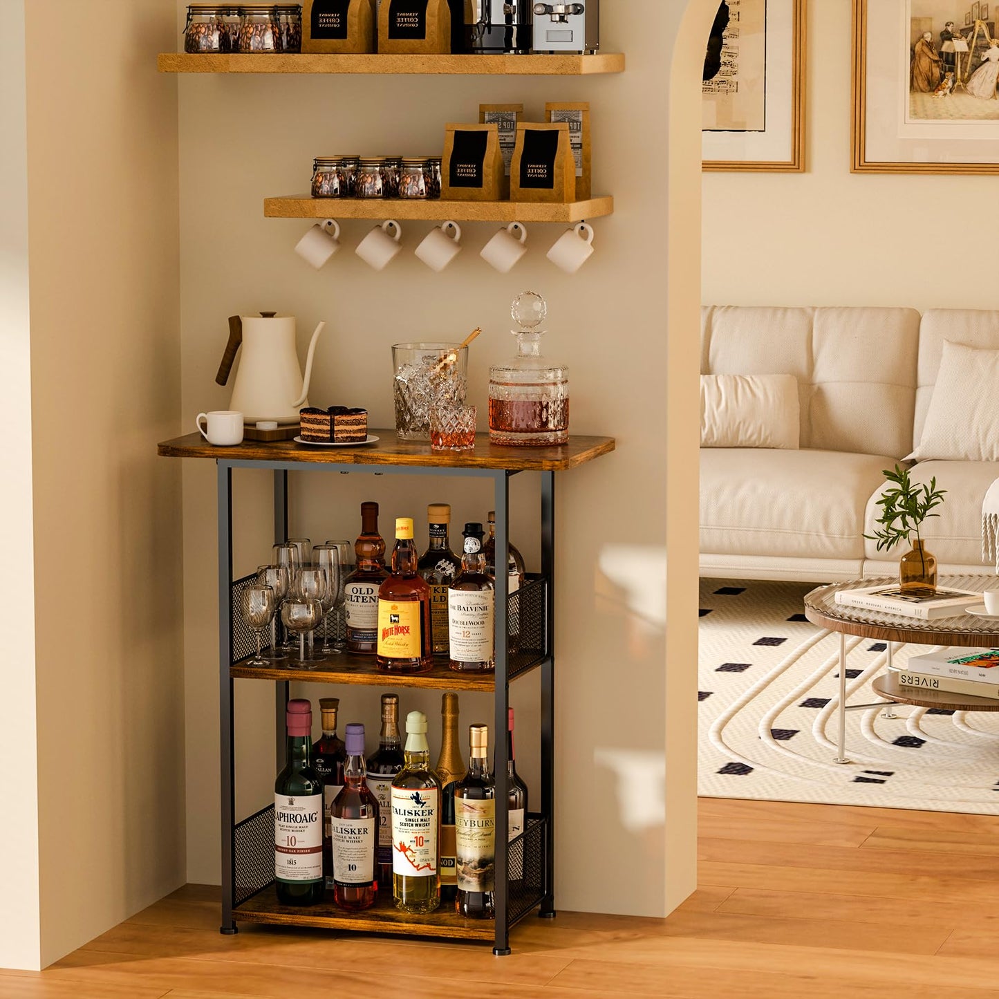 Eyteenokk Floor Standing Freestanding Whiskey Rack: 3 Tier Wine Rack Mini Bar Table Corner Wine Bottle Display Stand Liquor Cabinet Bar, for Bottles,Cocktail Shaker,Mugs - WoodArtSupply