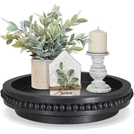 Farmhouse Lazy Susan Organizer with Beads, Wooden Lasy Susan Turntable for Cabinet, 360 Degrees Rotating Display Stand, Decorative Lazy Susan for Table, Wooden Tray Riser with Beads for Spice Rack Cheeorry