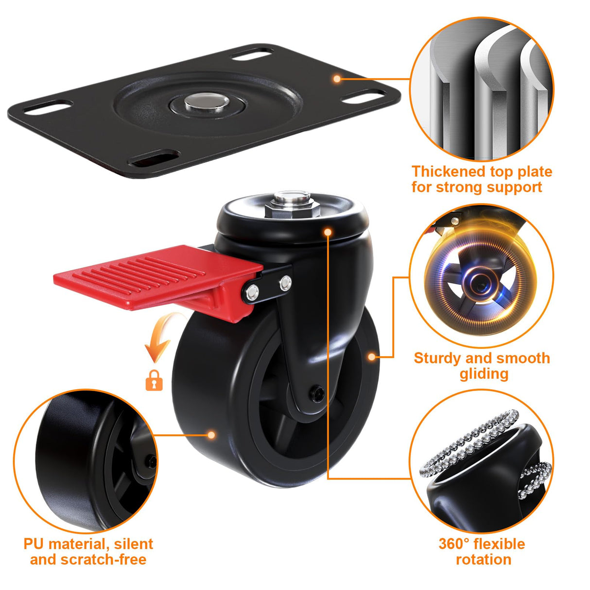 3” Furniture Casters Wheels Heavy Duty - Load 1200lbs，Plate Caster with Brakes，Glide Quietly and Protect Floor，360° Swivel Casters Set of 4 for Cart, Table and Workbench Apllamo