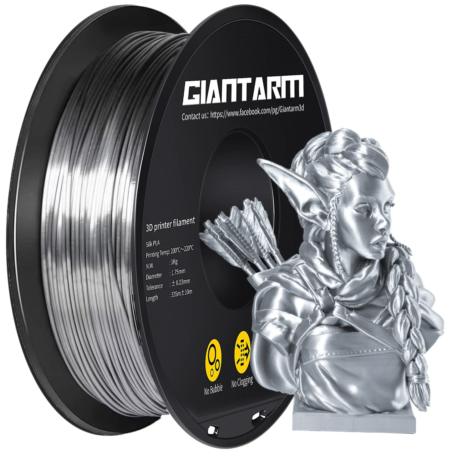 GIANTARM Silk Metallic Silver PLA 3D Printer Filament 1kg Spool, 1.75mm Dimensional Accuracy +/-0.03mm, 1080 Feet per Roll, Vacuum Packaging - WoodArtSupply