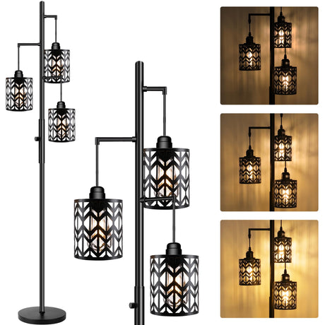 ROTTOGOON Dimmable Floor Lamp, Industrial Standing Floor lamp for Living Room, Tall Farmhouse Rustic lamp with 3 LED Bulbs, Tree Floor Lamp for Bedrooms, Living Room, Home Office, Metal, Black, 68" ROTTOGOON