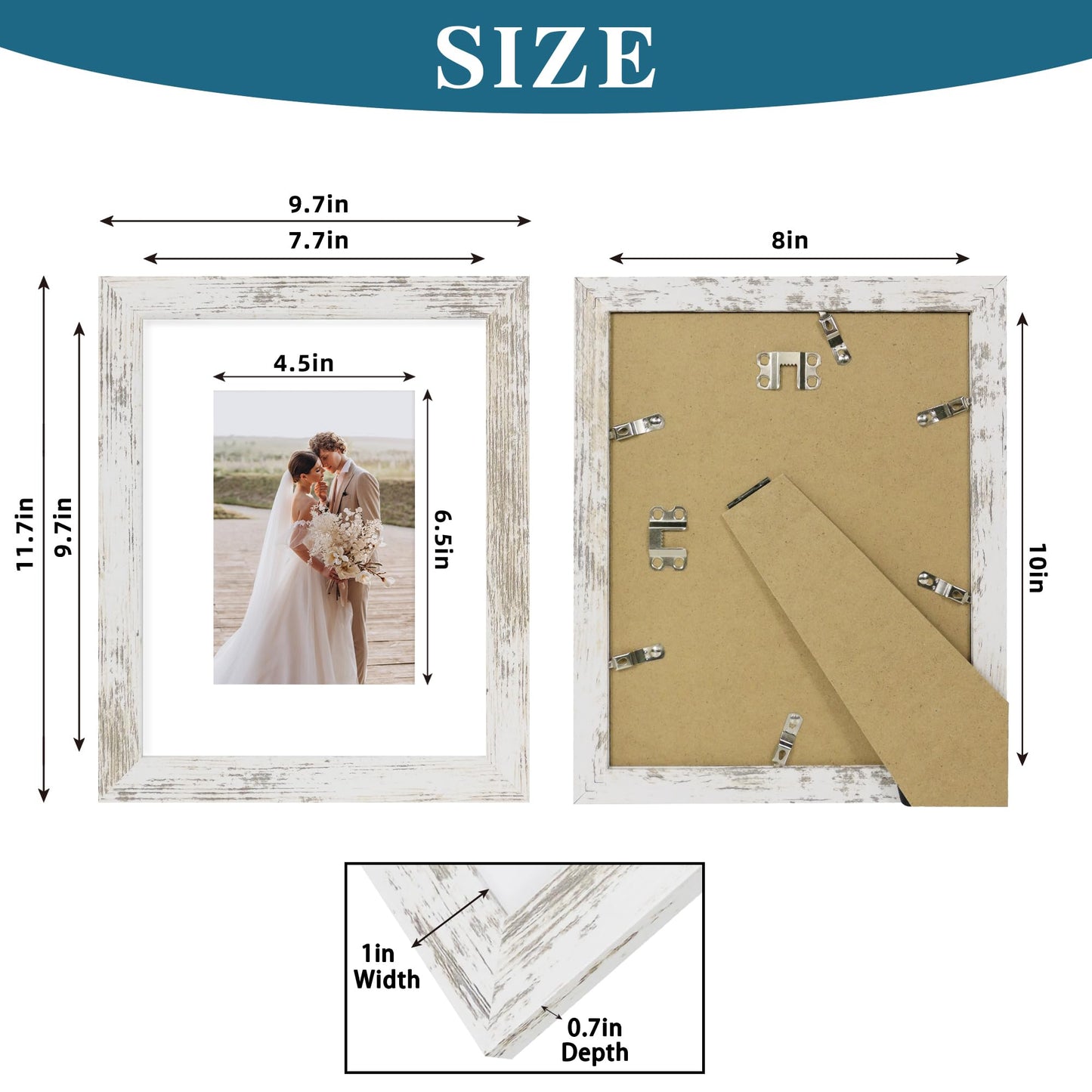 Hongkee 8x10 Picture Frame Set of 4, Made of Real Glass and Distressed White Wooden Frame, 8 by 10 Photo for Wall or Tabletop - Display Picture 5x7 with Mat or 8x10 Without Mat