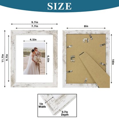 Hongkee 8x10 Picture Frame Set of 4, Made of Real Glass and Distressed White Wooden Frame, 8 by 10 Photo for Wall or Tabletop - Display Picture 5x7 with Mat or 8x10 Without Mat