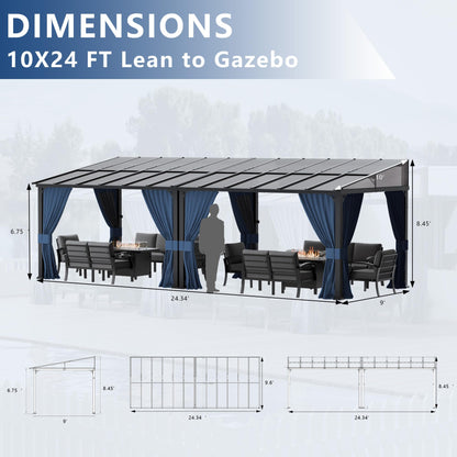 ASJMR Outdoor Lean to Gazebo 10x24FT, Hardtop Wall Mounted Gazebo with Sloping Sun Panel Roof, Awnings for Patio with Metal Frame, Double Curtains for Garden, Lawn, Backyard Deck