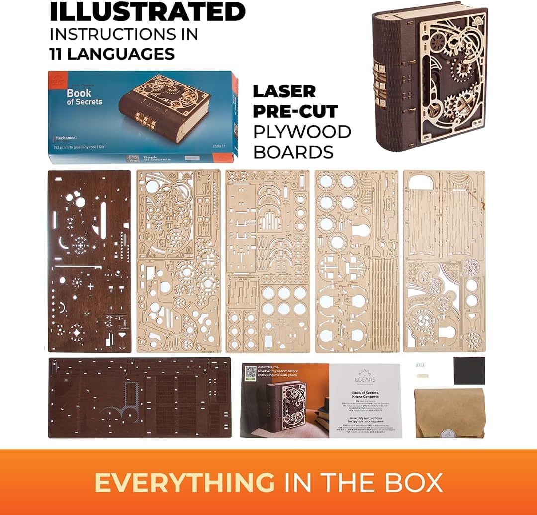 UGEARS Book of Secrets Puzzle Box - 3D Wooden Puzzles for Adults, Fun Wood Steampunk Combination-Lock - DIY Building Mechanical Model Kit for Fathers Day and Hobby Enthusiasts - 263 Pcs UGEARS