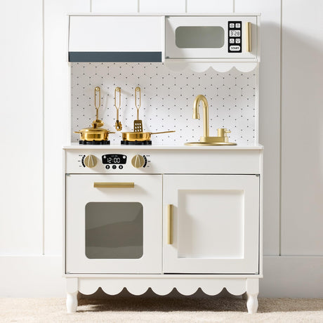 Best Choice Products Wooden Pretend Play Cottage Kitchen Kids Toy w/Storage, Scalloped Edge, 5 Accessories, Microwave, Oven, Clicking Knobs - White Best Choice Products