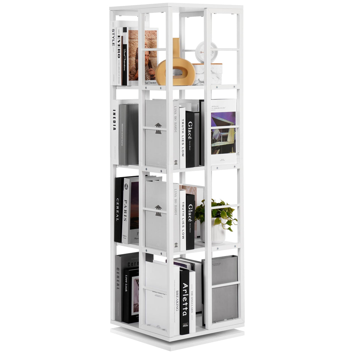 Rengue Rotating Bookshelf, 4-Tier 360 Revolving Bookcase Spinning Bookshelf Square Corner Bookshelf Organizer Storage Rack for Small Space,Bedroom, Study Room, White Rengue