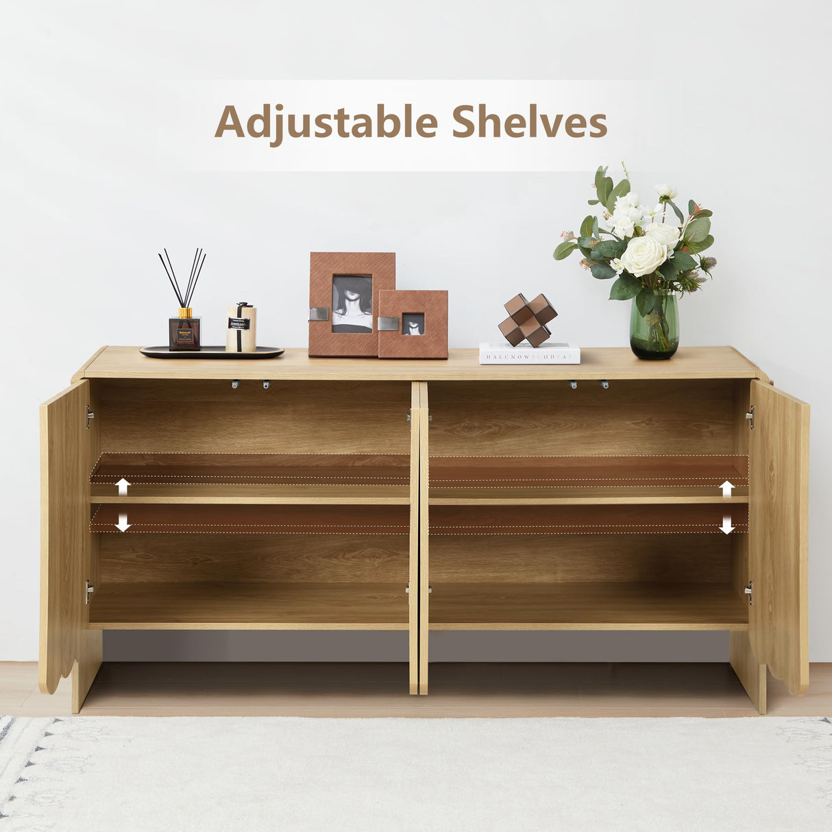 ORRD Sideboard Buffet Cabinet, Accent Storage Cabinets with 4 Doors, Farmhouse Wood Cabinet with Adjustable Shelves and Wave Panel for Living Room, Dining Room, Entry - Natural ORRD