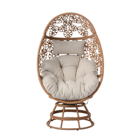 Christopher Knight Home Gary Patio Woven Faux Rattan Swivel Egg Chair, Outdoor Iron Frame Wicker Lounge Chair/Papasan/Basket Chair, Removable Cushion, Head Support, Weather Resistant, Brown+Beige Christopher Knight Home