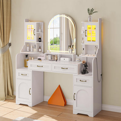 Dnxao Castle Vanity Desk with Mirror and Lights 3 Colors,Makeup Vanity Desk with Power Outlets,Dressing Table with 4 Drawer and Storage Shelves,Adjustable White Vanity for Bedroom
